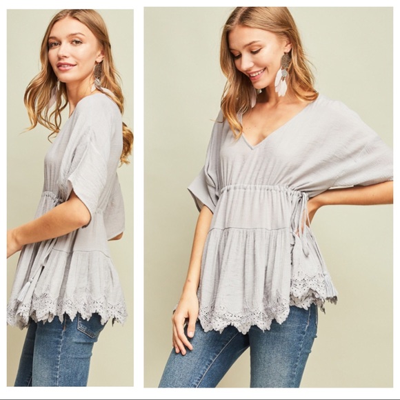 RASHIDA-Drawstring Waist Crochet Lace Hem Top - Picture 3 of 4